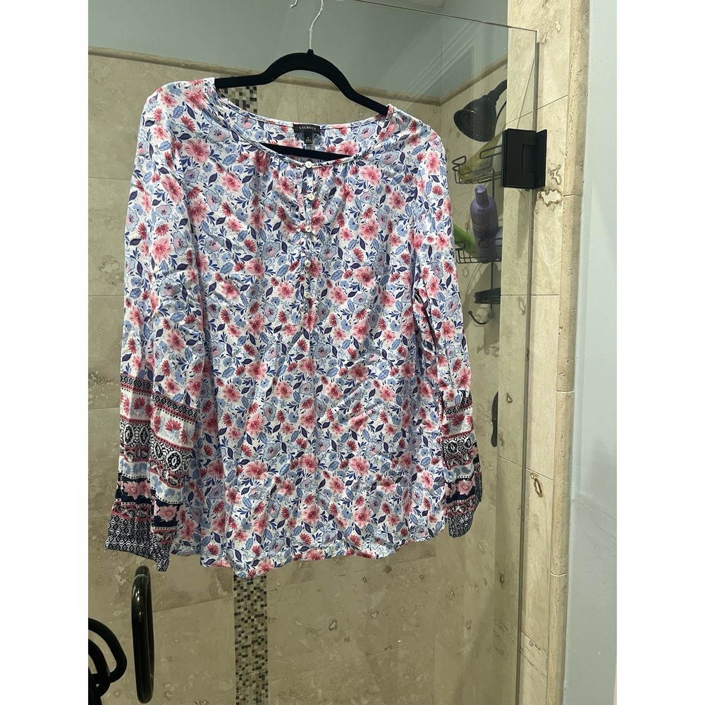 Talbots Floral Bohemian Long Sleeve Blouse Pink Blue Hippy Casual Top L